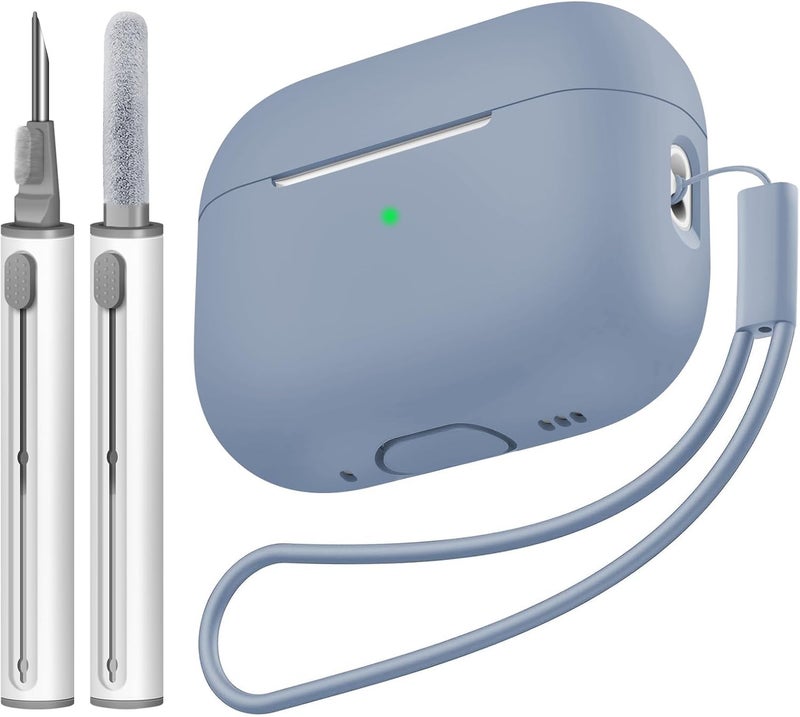 Tandoler حافظة متوافقة مع Airpods Pro 2، غلاف سيليكون ناعم واقي مع مجموعة تنظيف وحبل حمل متوافق مع AirPod Pro الجيل الثاني، LED أمامي مرئي - أزرق رمادي - Image 1